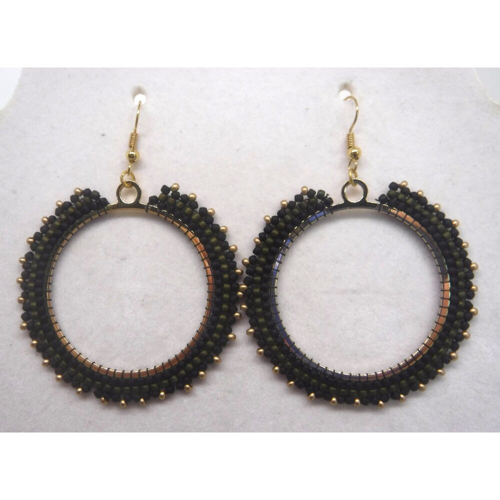 Earrings Beaded Black, Olive Green & Gold